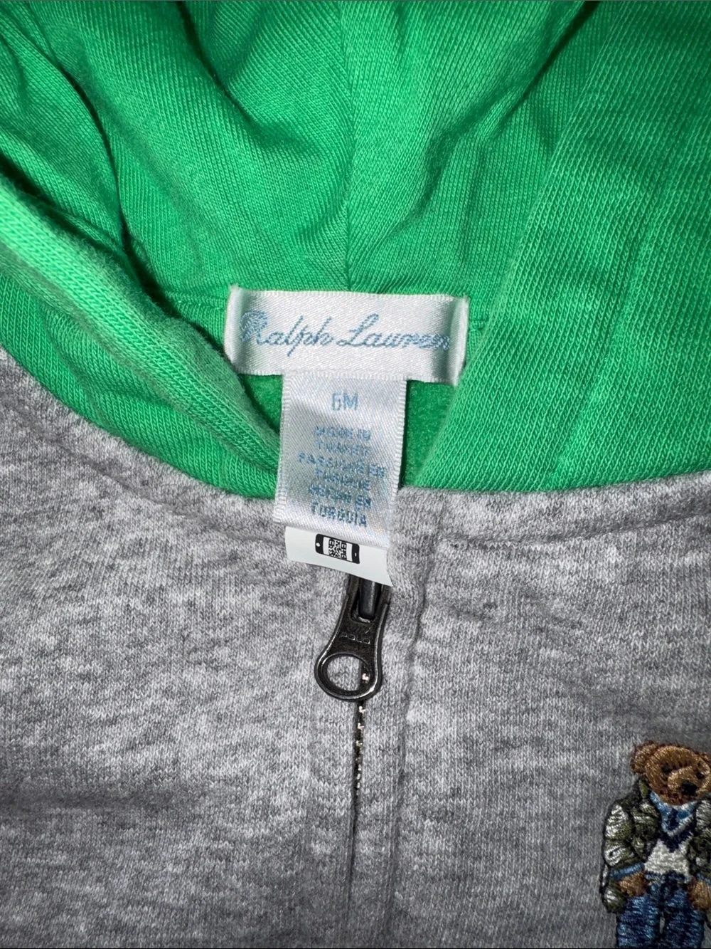 Polo by Ralph Lauren Kids Gray Zip Hoodie with Green Hood, Pink & Blue Sleeves